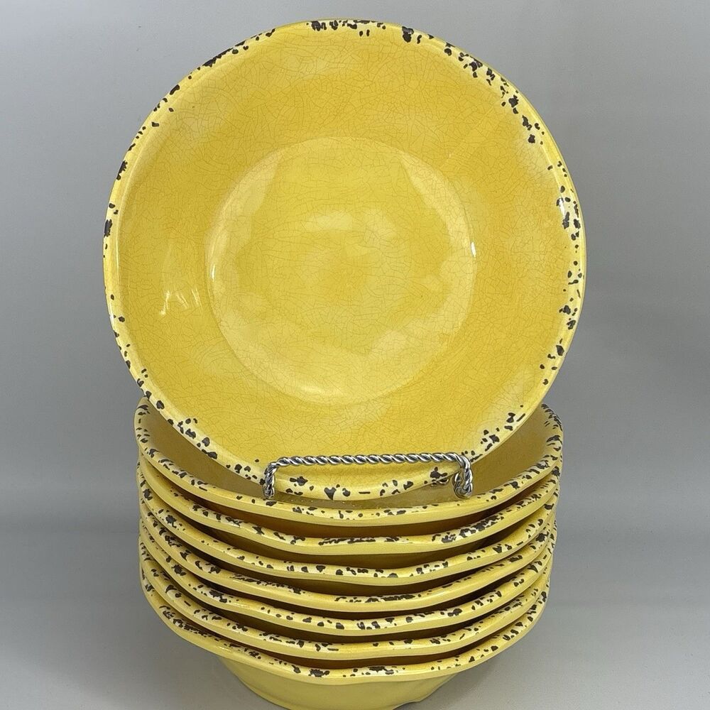 Tommy Bahama Melamine Cereal Salad Bowls Set Of 8 Yellow Gold Rustic Crackle 7"